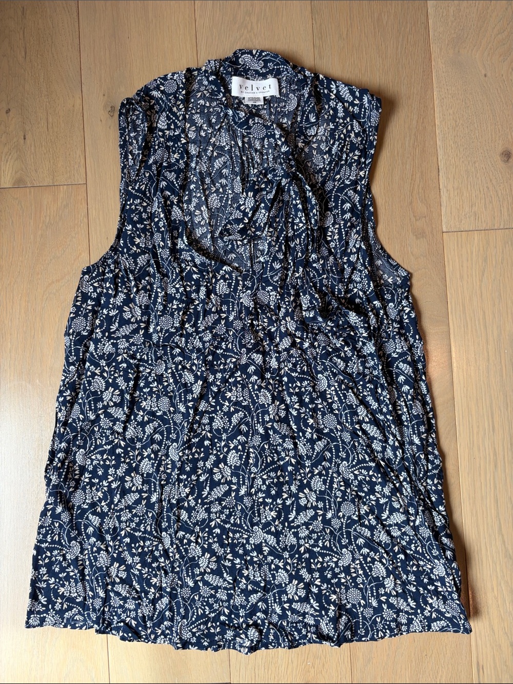 Velvet Navy and White Floral Tie-Neck Sleeveless Top